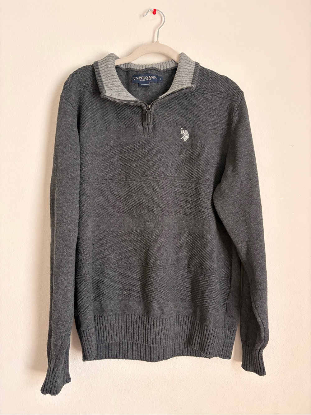 U.S. Polo Assn. Men’s Dark Gray Quarter-Zip Sweater with Light Gray Collar